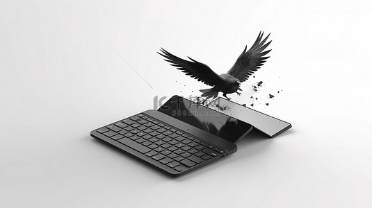键盘电脑背景图片_飞行中配备数字平板电脑模型的键盘盒的白色背景 3D 渲染