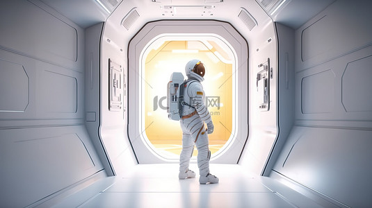 宇航员在太空背景图片_孤独的宇航员在太空飞船走廊尽头凝视窗外 3d 渲染