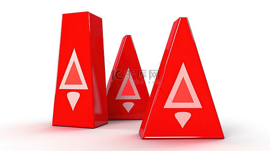 白色背景上用于注意和警告的红色感叹号危险标志 3d 图标