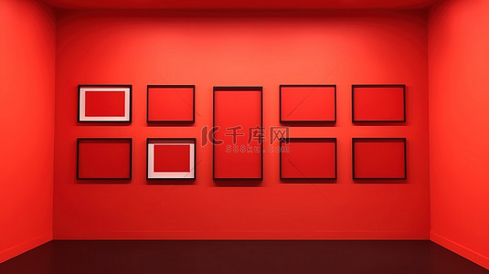 红色背景画廊 3D 渲染挂在墙上的空白相框，没有图片