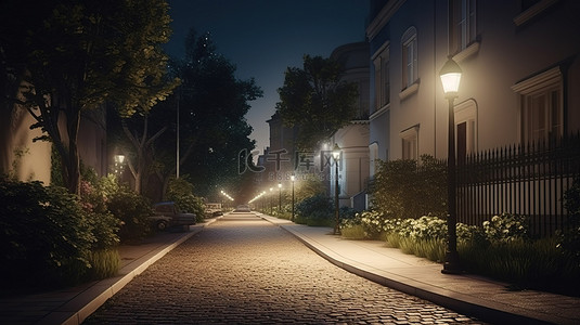 3D 渲染一个华丽的住宅区，有人行道和路灯