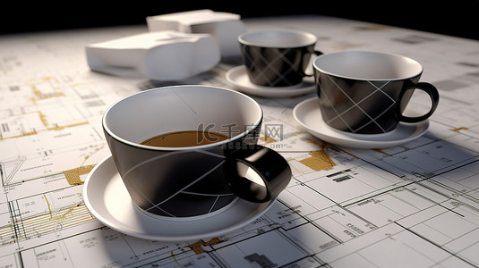 建筑平面图转化为咖啡杯内的 3D 效果图