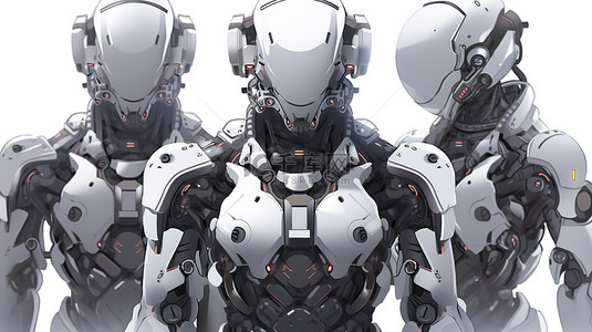 一组以 3D 渲染并在白色背景上隔离的人工智能机器人或机器人