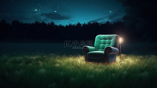 户外休闲椅的 3D 插图，配有夜光和风景优美的草地和森林背景