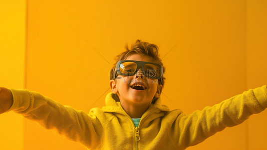 快乐的孩子在充满活力的黄色背景下戴着 3D 眼镜