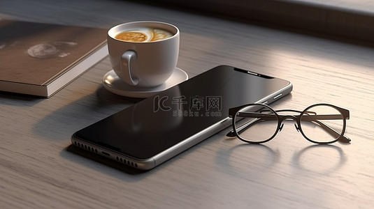3D 渲染中的生产配件时钟眼镜笔记本和咖啡