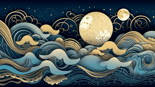 蓝色海水卡通背景图片_月亮大海波涛白色浪花黄色开心