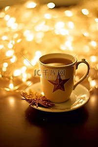 圣诞星背景图片_咖啡杯圣诞星装饰品