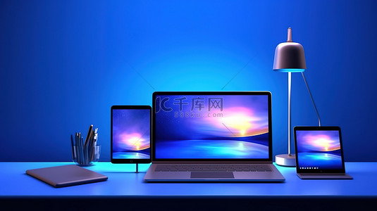 蓝色墙架上的数字设备笔记本电脑手机和平板电脑 3D 插图