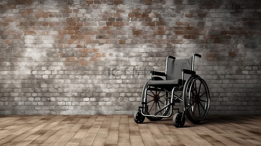 医院轮椅背景图片_砖墙前的空轮椅 3D 再现