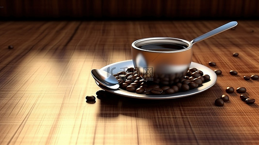 java 欢乐咖啡豆和杯子，周围是木桌上的笔和勺子 3d 渲染