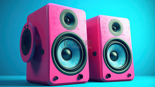 蓝色音响声音背景图片_蓝色背景 3d 渲染上具有声学设计的双色调粉红色工作室扬声器