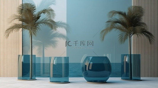 水面上的玻璃墙讲台，带有陶瓷背景和 3D 渲染中的棕榈装饰