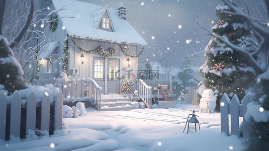 节日 3D 渲染礼品盒雪花树木和冬季仙境中的房屋