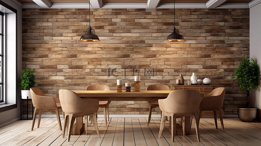 砖墙纹理餐厅的 3D 渲染，配有木桌和椅子，并模拟装饰作为家庭室内背景