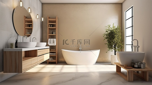 家居背景图片_现代浴室和设计师家具 3D 渲染和可视化