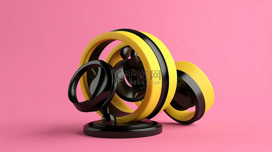 在粉红色背景下以 3d 形式描绘的黄色和黑色陀螺仪