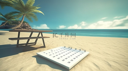 旅行主题插画背景图片_空白日历的海滩主题 3D 插图