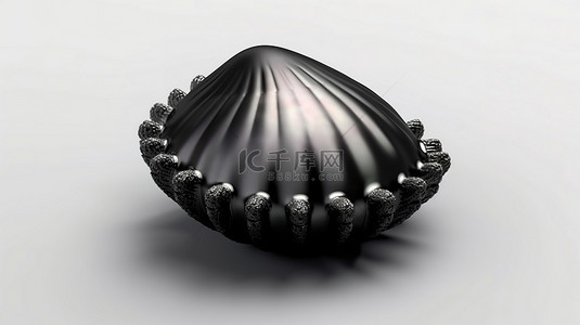 优雅的黑色扇贝贝壳与光泽的白色珍珠在纯白色背景上创建的 3d