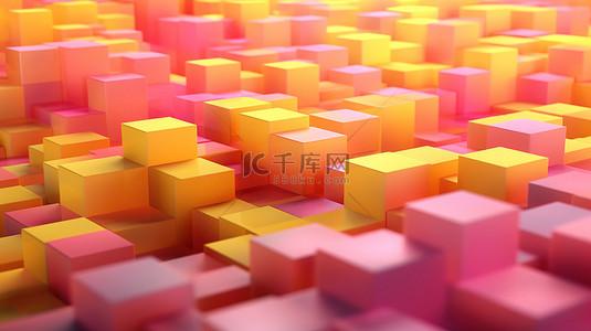 黄色和粉色渐变 3D 渲染中的抽象几何背景堆叠方形结构