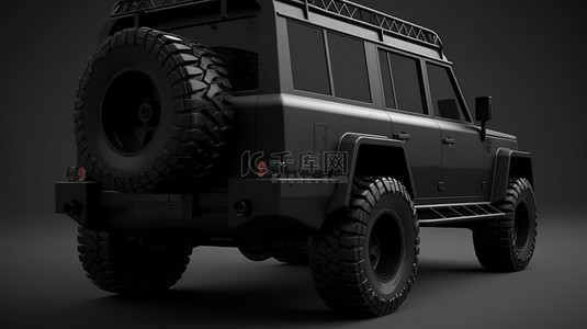 探险探险背景图片_坚固的黑色越野 4x4 狩猎探险车后视图的 3D 插图