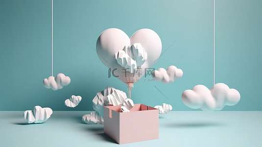 创意情人节设计背景图片_心形云和礼品盒以纸艺风格呈现创意 3D 渲染设计