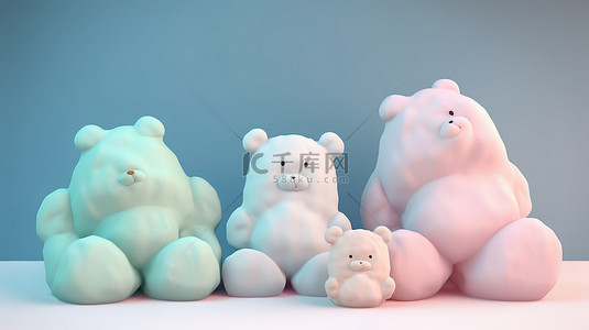 可爱的泰迪熊和云枕 3D 渲染杰作