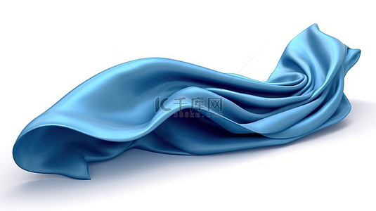 蓝色背景丝绸背景图片_白色背景的 3D 渲染，蓝色织物在风中飘扬
