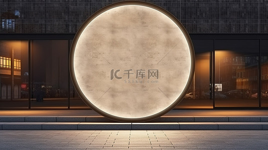 招牌商标背景图片_混凝土街道墙灯箱样机上圆形照明商店招牌空模板的 3D 渲染