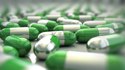 医疗绿色背景图片_绿色和白色胶囊中药物的 3d 渲染