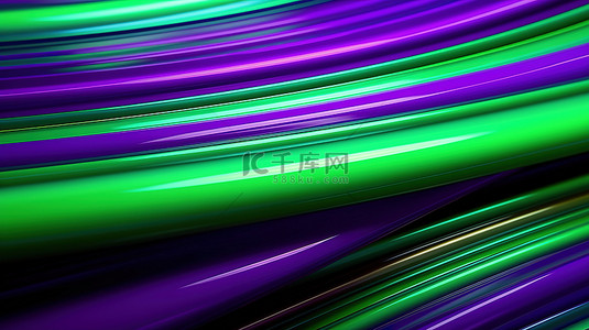 优雅的霓虹灯风格充满活力的绿色和紫色线条在运动抽象背景 3D 插图