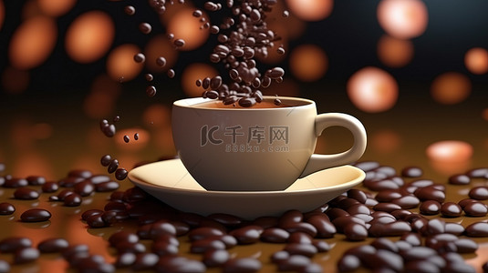 卡咖啡背景图片_一杯芳香的咖啡，伴随着 3D 渲染背景中漂浮的逼真咖啡豆
