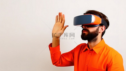 手势指着你背景图片_戴着 VR 眼镜和橙色头盔的专家建筑师从事设计手势高级图像
