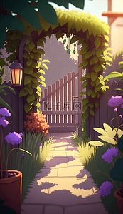 紫色的鲜花草地绿色植物阳光里的美丽花园卡通背景
