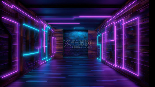 霓虹灯俱乐部位于未来派的紫色和蓝色空间中，配有木墙口音 3D 渲染