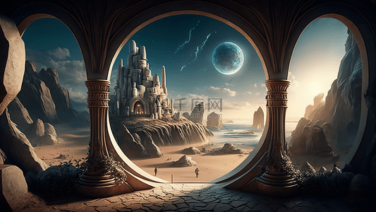 城堡之门背景图片_城堡建筑神秘梦幻插画