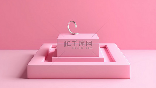 粉红色光泽讲台，带有空方形礼品盒 3D 渲染和复制空间
