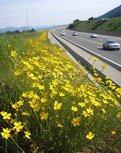 高速公路边生长着黄色的野花