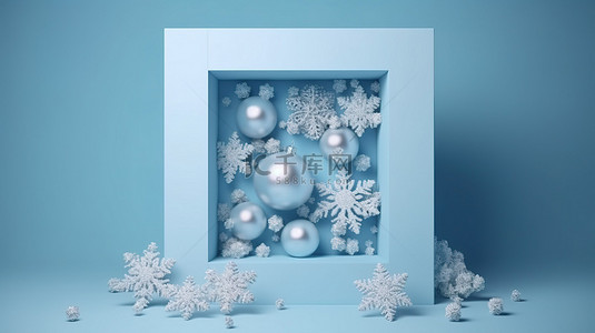 相框纹理背景图片_蓝色背景，带有霜冻纹理 3D 方形相框，饰有雪花和球