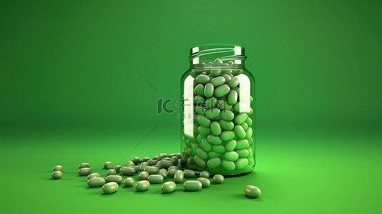 心形药物一串药丸从瓶子里倒到绿色背景 3D 渲染上