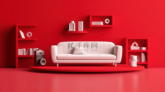 落地灯沙发背景图片_小型休息室，配有红色沙发和电视，单色 3D 红色背景
