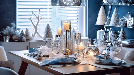 迷人的圣诞室内节日餐饮装饰，采用 3D 呈现的蓝色白色和棕色色调