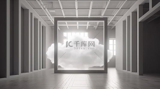 双11悬浮框背景图片_在方形框架中的最小房间内部 3d 渲染中悬浮蓬松的云