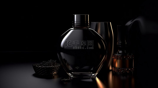 黑色美女 3d 渲染的香水和化妆品，采用大胆的深色布局