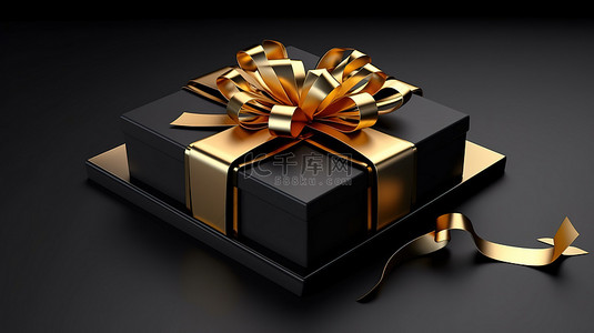 丝带手环背景图片_3D 渲染打开礼品盒的插图，带有金色丝带弓，用于黑色星期五销售概念