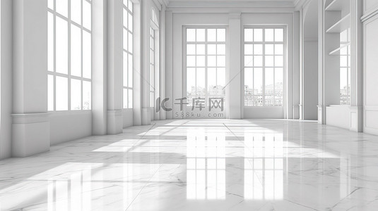 极简主义空间白色窗户房间配有大理石图案地板和 3D 渲染墙