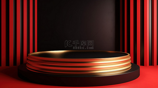 产品展示模型红色房间背景与 3d 金色讲台和黑色条纹