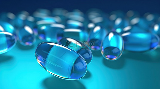 維生素背景图片_蓝色背景下近距离隔离的医疗胶囊的 3D 渲染