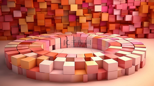 粉红色背景上圆形的光滑粉红色橙色和米色块的抽象 3D 渲染