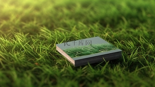 名片样机背景背景图片_放置在绿草背景上的名片样机的 3D 渲染